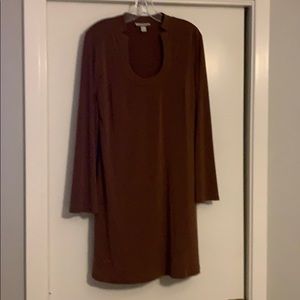 Brown bell sleeve dress with unique collar.
